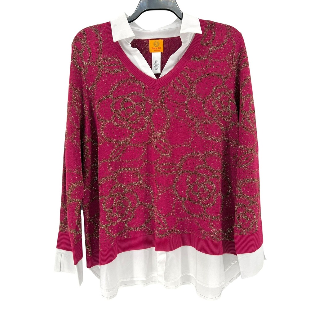 Ruby Rd Sweater Womens 2X Red White Berry Glam Metallic Knit Layered Top NWT